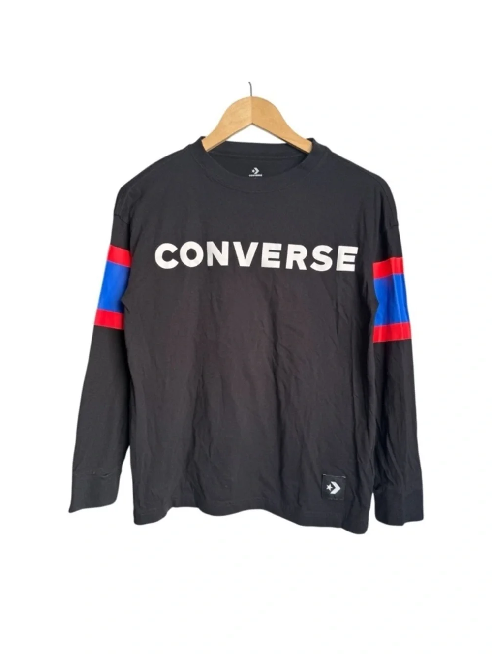 Converse Logo Print 3/4 Sleeve Stripes Shirt Black Juniors Large / 12 years